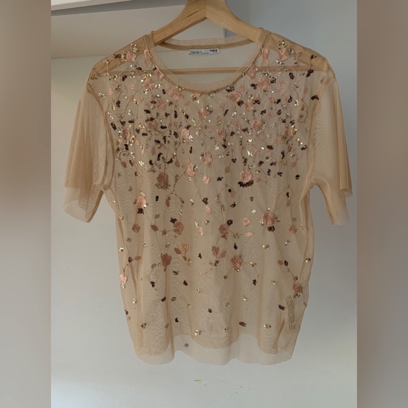 Zara Light Pink Embroidered Short Sleeves Mesh